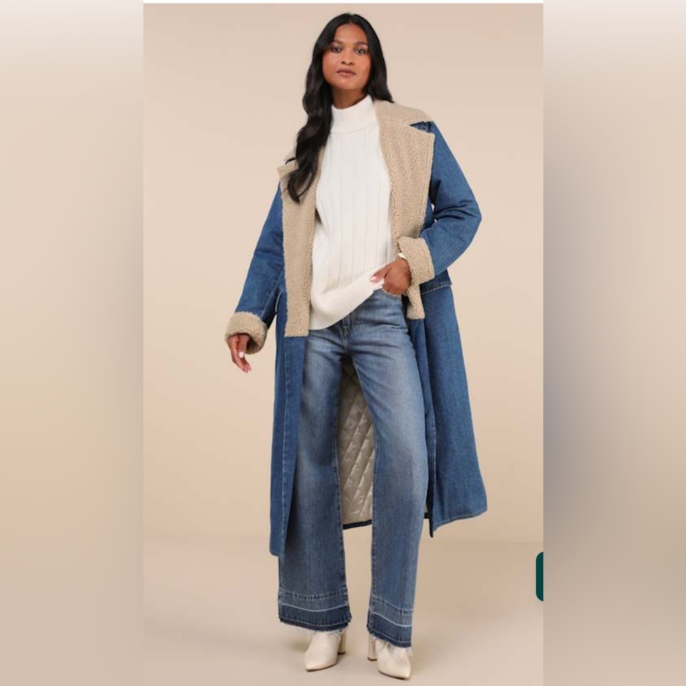 Lulus Superb Statement Medium Wash Denim Shearling Trench Coat
